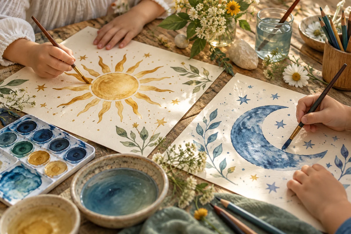 Kinderhände malen Sonne und Mond mit goldenen und blauen Wasserfarben