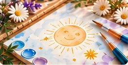 Mit Wasserfarben gemalte Sonne und kreative Materialien